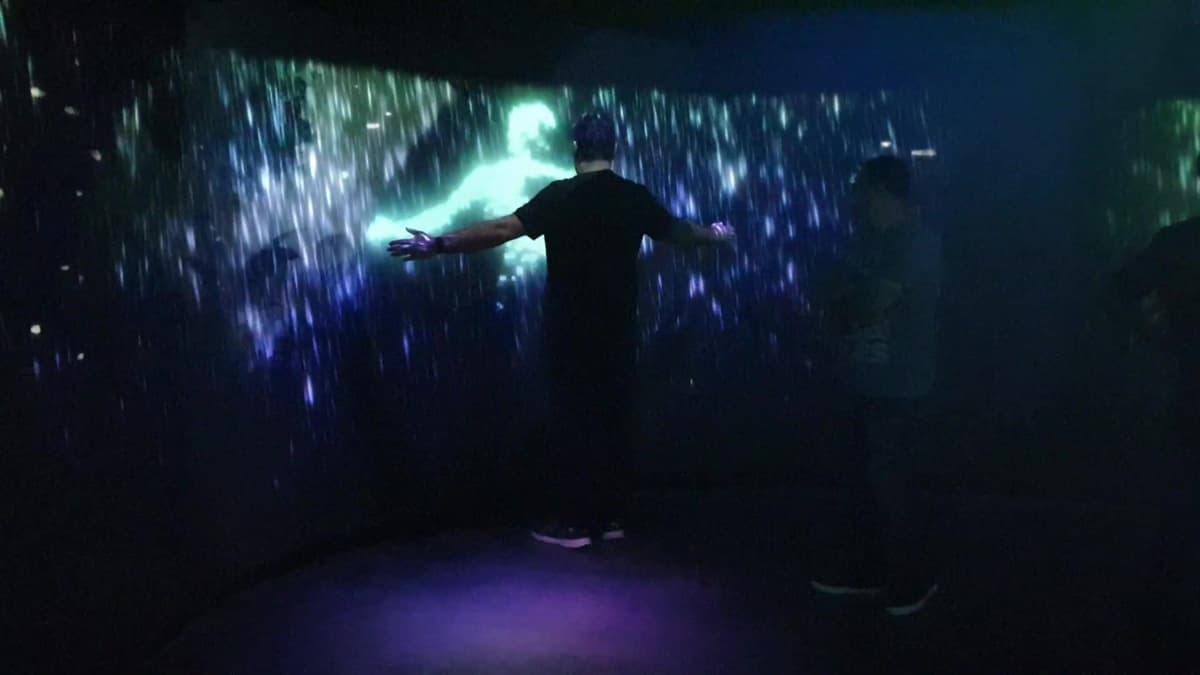 Interactive rain wall — visitor silhouette tracked in real time